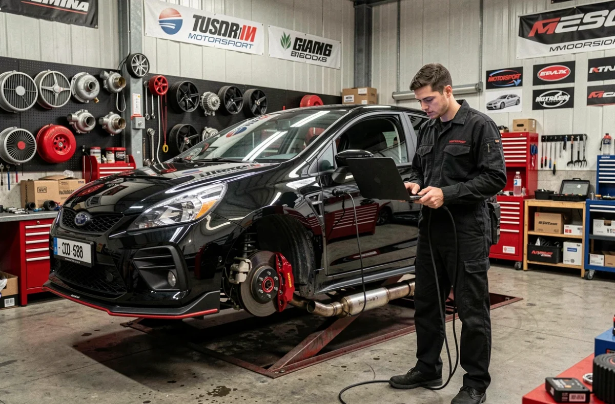 Technicien de RD Performance dans l'Oise branchant un ordinateur de diagnostic sur une voiture de sport modifiée sur pont élévateur