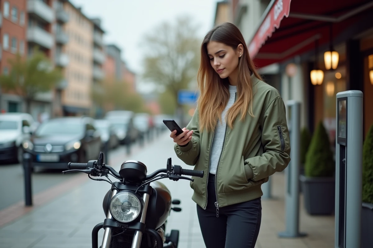 Femme rechargeant sa moto électrique à une borne de recharge publique en ville