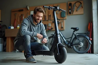 Homme branchant le câble de recharge de sa moto électrique dans un garage résidentiel