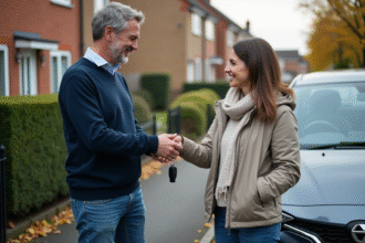 Homme remettant les clés à une femme devant une voiture