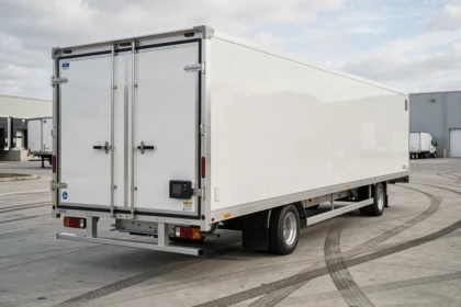 Remorque frigorifique blanche garée dans un dépôt logistique, vue de trois quarts avec panneau de contrôle de température visible