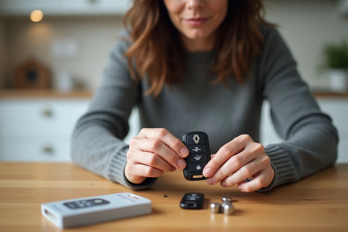 Femme changeant la pile de la clé télécommande Renault Clio 4 sur une table de cuisine