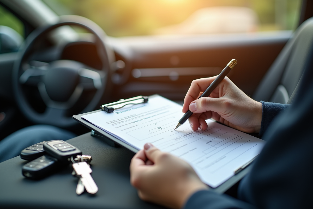 Main remplissant un formulaire de covoiturage dans la voiture