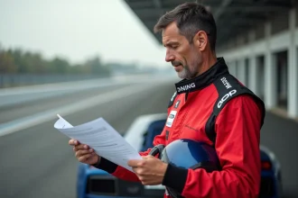 Pilote tenant une confirmation de réservation de stage de pilotage sur circuit automobile