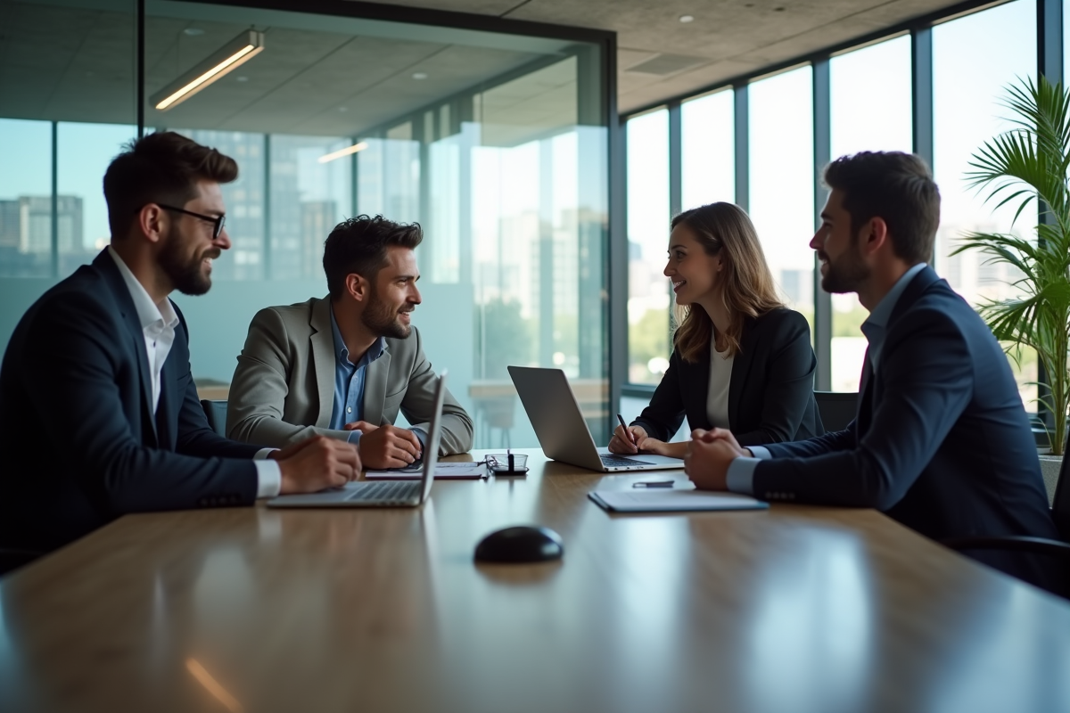 Groupe de professionnels en réunion dans un bureau lumineux