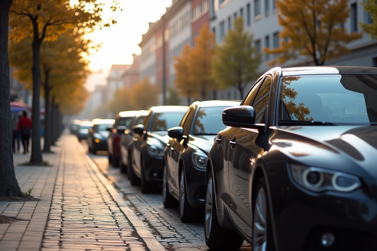Rue urbaine en Allemagne avec voitures compactes et luxe au matin