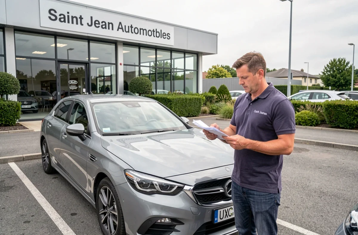 Façade du concessionnaire Saint Jean Automobiles avec un vendeur et un client devant une voiture d'occasion
