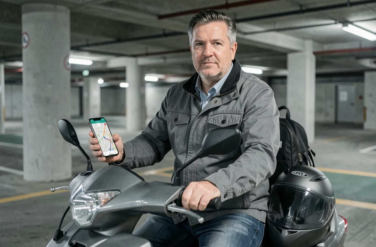 Homme sur scooter garé dans un parking souterrain planifiant son itinéraire GPS sur smartphone