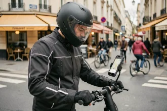 Homme sur scooter urbain consultant son GPS monté sur guidon à une intersection de ville