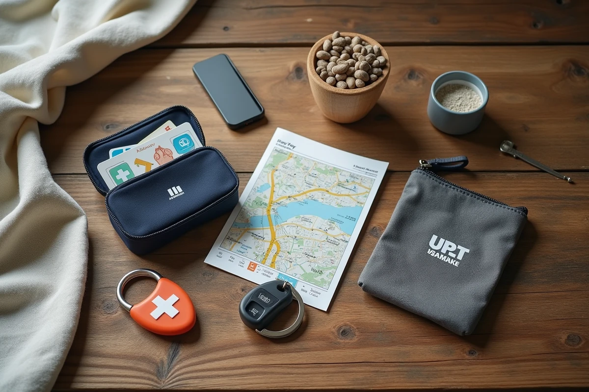 Sélection de petits cadeaux utiles et pas chers pour un jeune conducteur débutant disposés en flat lay sur bois rustique