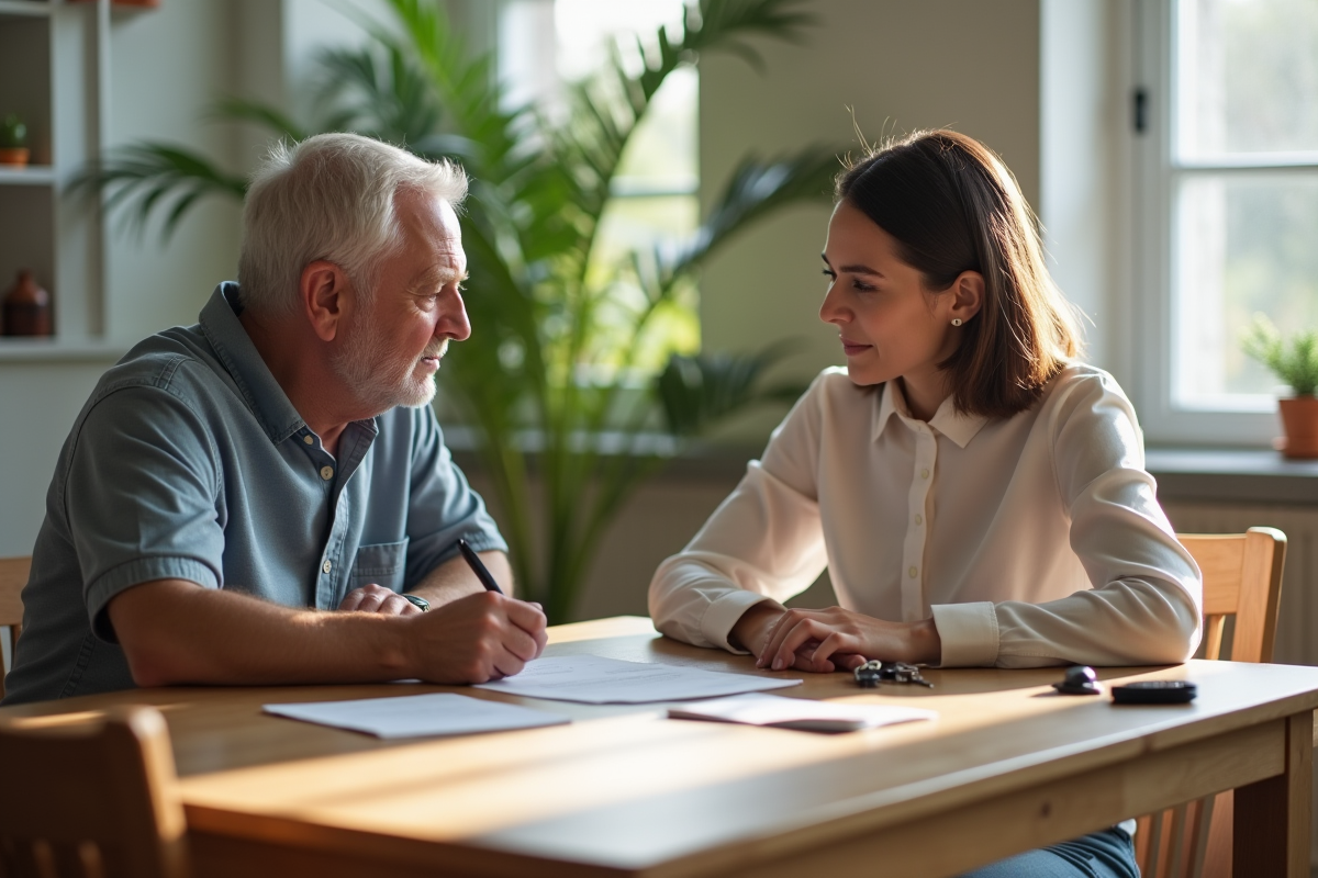 Femme signant un document avec un homme à la maison