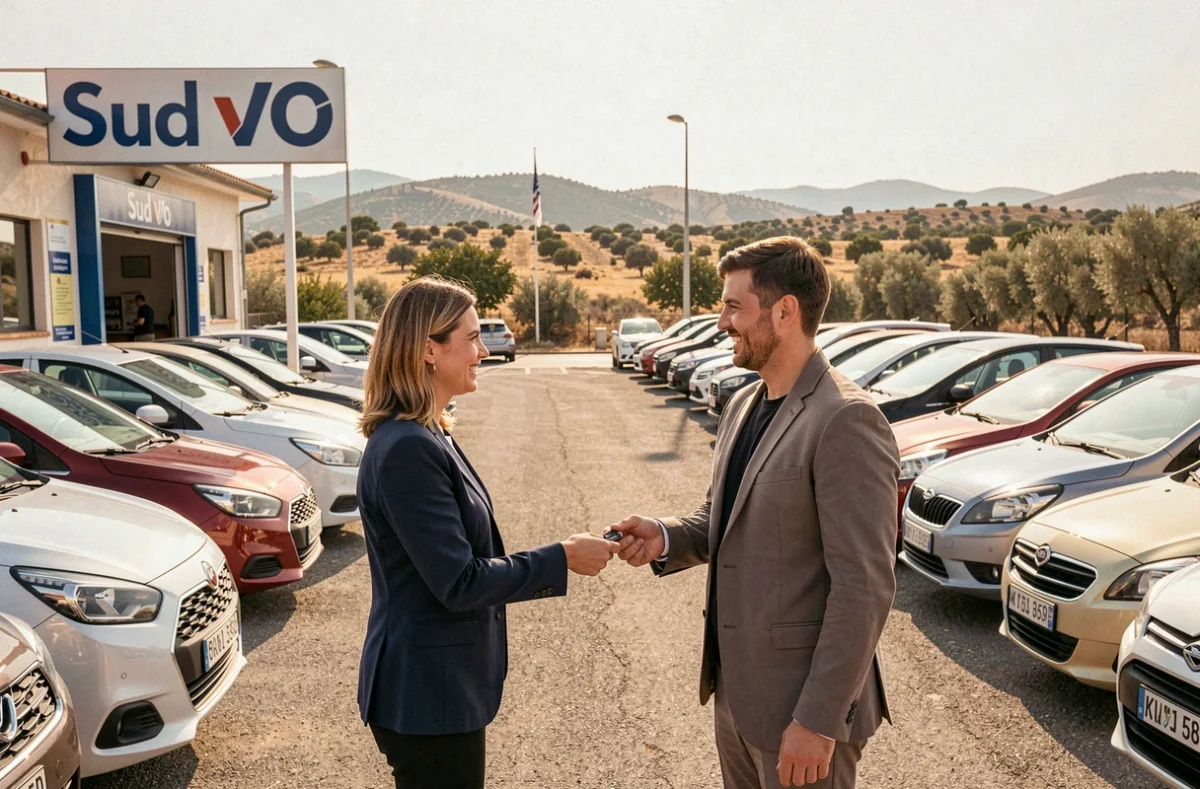 Lot de véhicules d'occasion de Sud VO avec une vendeuse remettant les clés à un client satisfait
