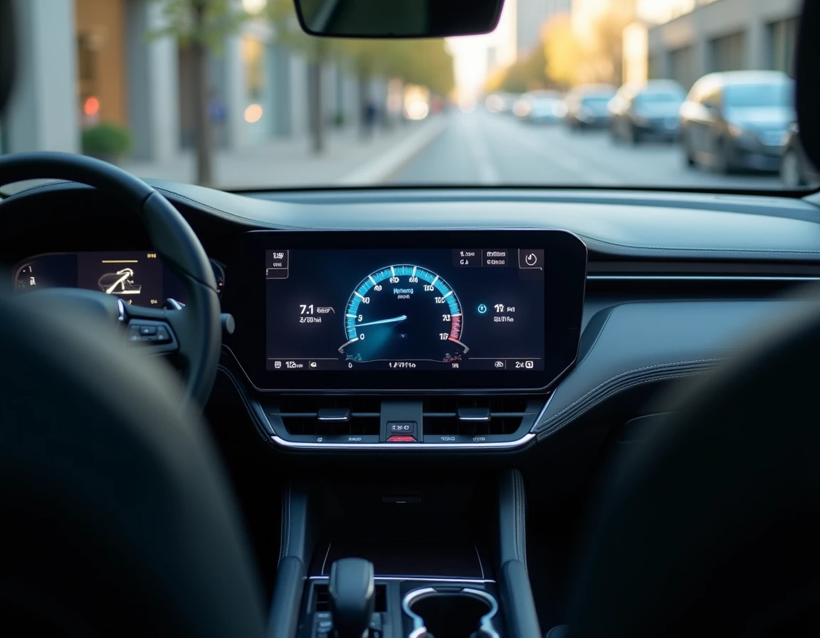 Tableau de bord numérique moderne d'une voiture affichant simultanément la vitesse en mph et en kph