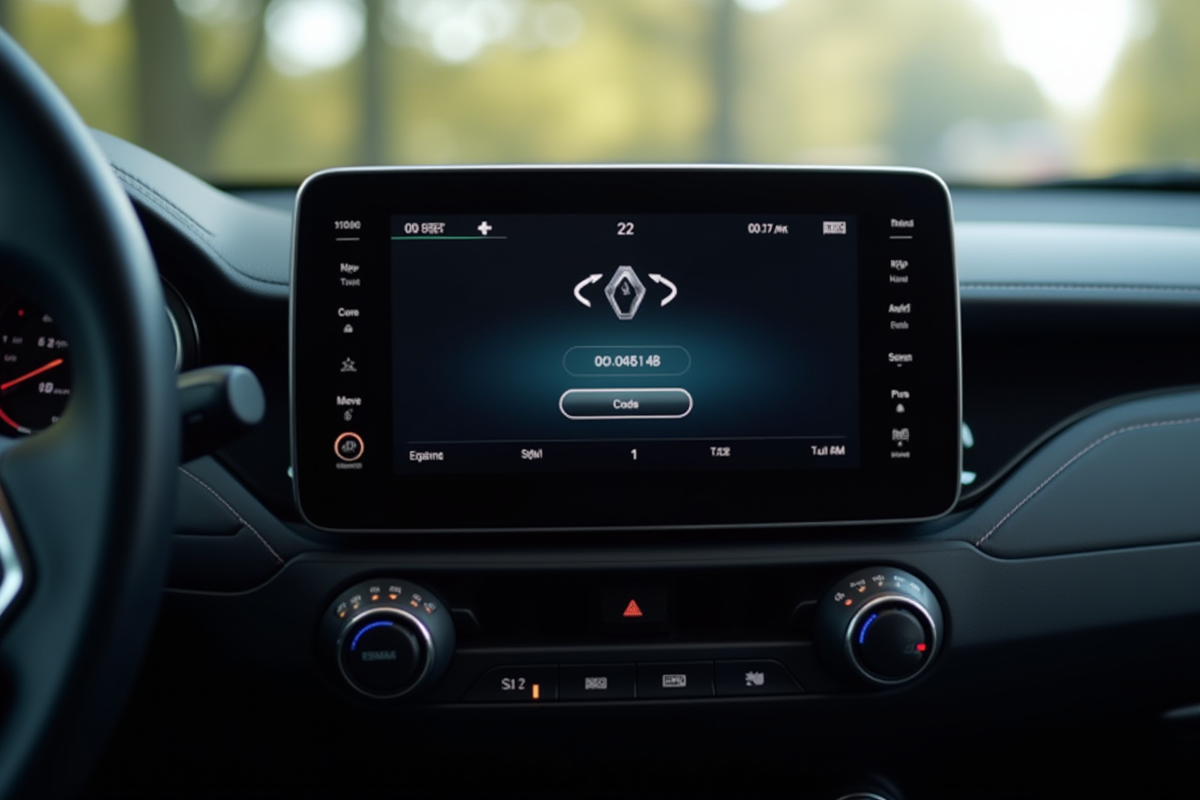 Détail du tableau de bord Renault avec écran de code lumineux