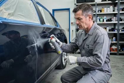 Technicien automobile appliquant une bombe de peinture carrosserie sur une rayure de portière dans un garage privé