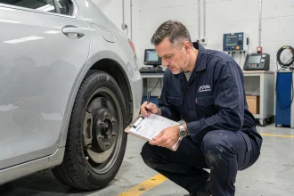 Technicien de contrôle technique inspectant le train avant d'un véhicule dans un centre agrée