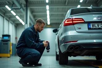 Technicien de contrôle technique inspectant une voiture avec une plaque d'immatriculation ukrainienne dans un centre de contrôle technique français