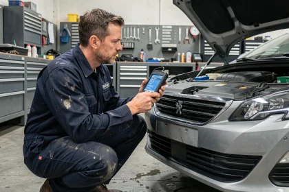 Technicien automobile diagnostiquant un code erreur P1445 sur un moteur diesel Peugeot avec un scanner OBD2