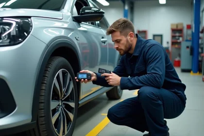 Technicien automobile examinant le code erreur P2563 sur une Peugeot lors d'un contrôle technique en garage