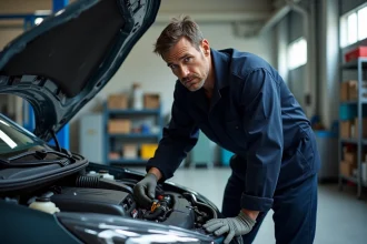 Technicien automobile inspectant le moteur 1.5 BlueHDi 130 dans un atelier professionnel