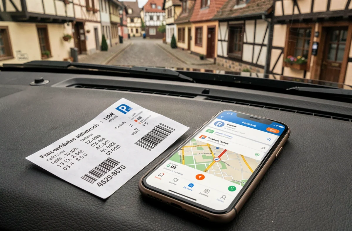 Ticket de parking et application mobile de stationnement sur le tableau de bord d'une voiture à Colmar