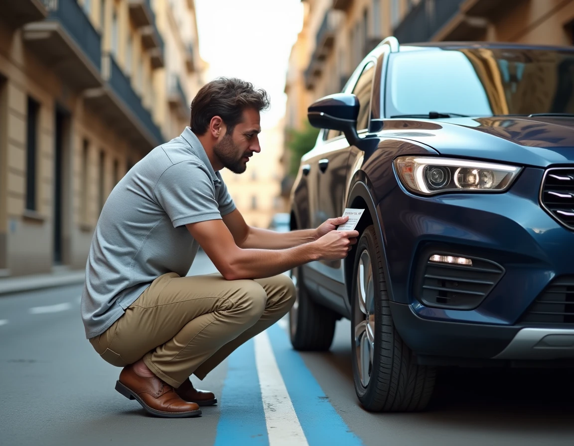 Père de famille prenant en photo le ticket de parking sur le tableau de bord d'un SUV dans une rue de Barcelone