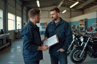 Vendeur de moto tenant les documents du contrôle technique devant sa moto dans un garage, prêt pour la vente