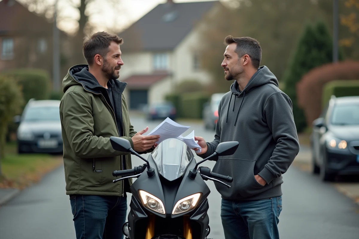 Deux hommes échangeant les documents de contrôle technique lors d'une vente de moto entre particuliers dans une allée résidentielle