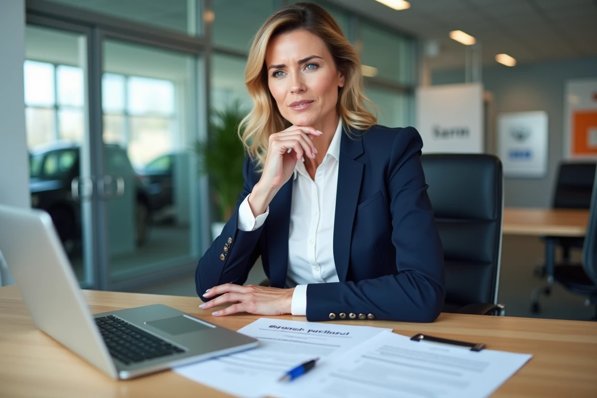 Une femme examine attentivement un contrat d'achat automobile dans un bureau de concession, entourée de documents de vérification