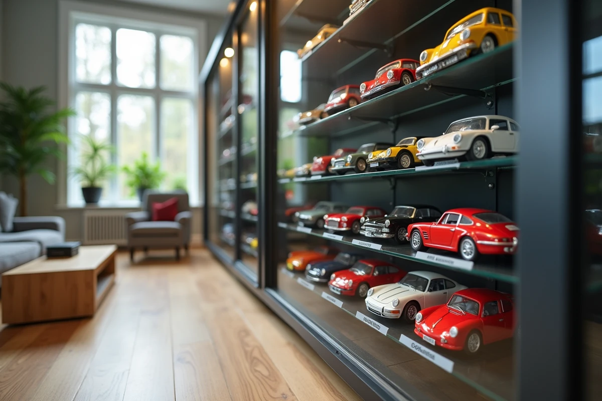 Vitrine en verre exposant une collection de voitures miniatures de marques en P, incluant des modèles Porsche, Peugeot et Pontiac sur des présentoirs étiquetés