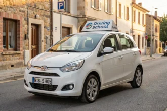 Voiture d'auto-école garée dans une rue calme