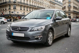 Voiture diesel avec vignette Crit'Air 2 bleue collée sur le pare-brise, garée dans une rue parisienne