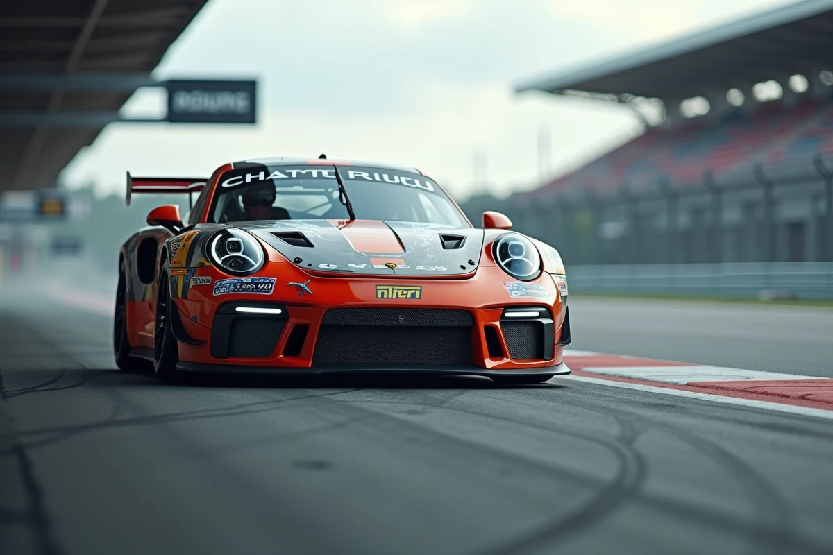 Voiture de sport préparée sur circuit de course avec livery racing et suspension abaissée