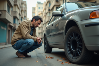 Homme inquiet examinant sa voiture sans roues dans la rue urbaine