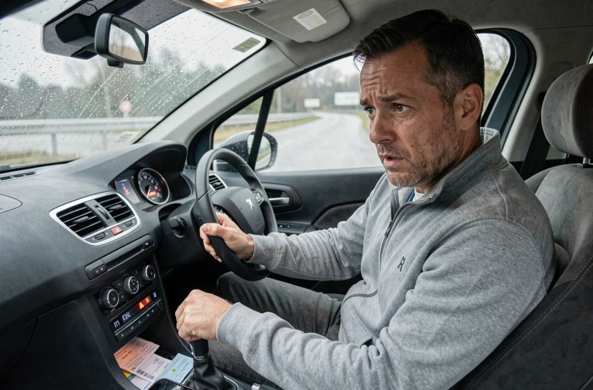 Conducteur inquiet face au voyant moteur allumé sur tableau de bord Peugeot diesel suite au code P1445