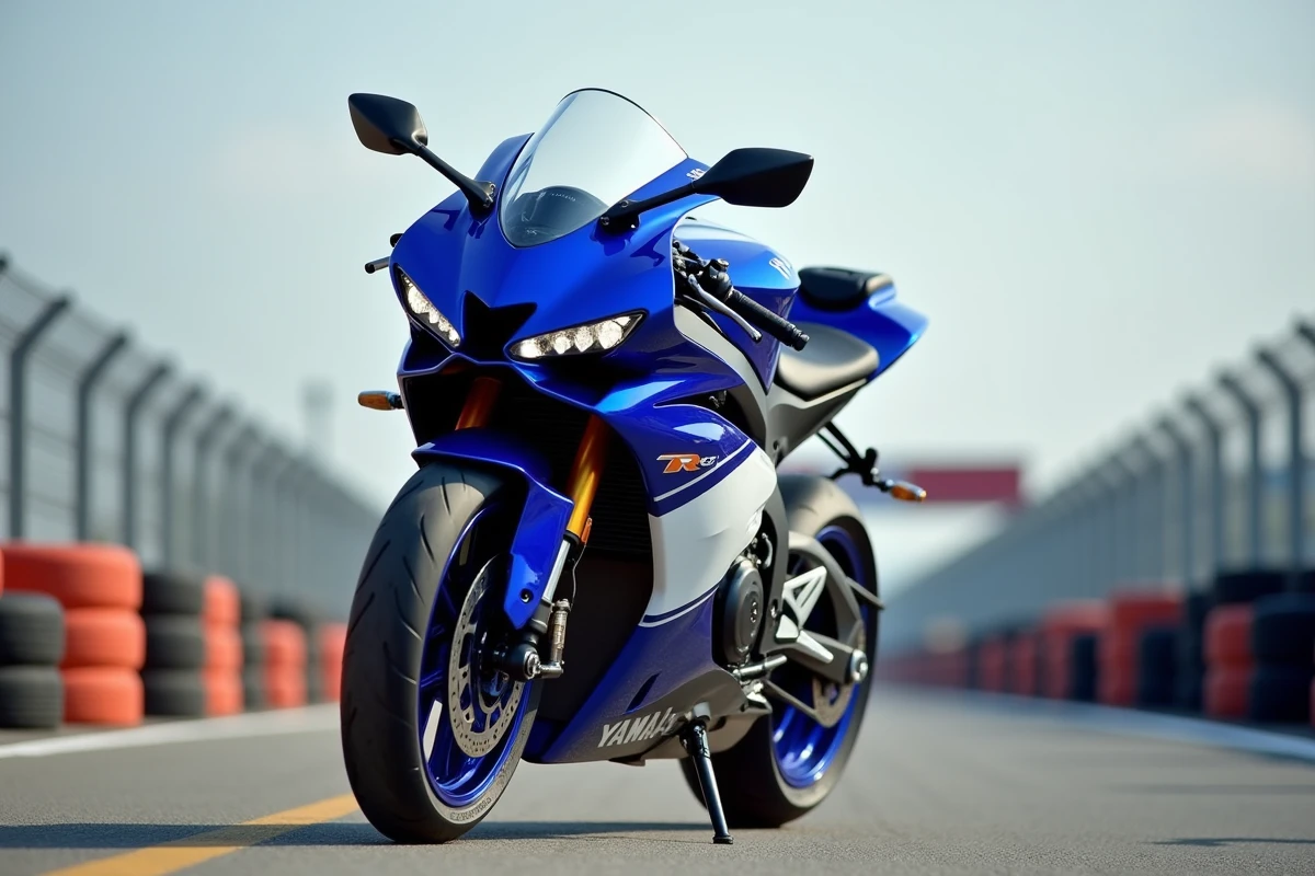 Yamaha R7 stationnée sur la voie des stands d'un circuit de course vue de face