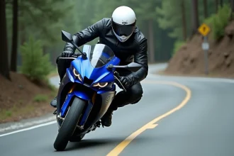 Motard en position de conduite sur une Yamaha R7 sur une route de montagne sinueuse