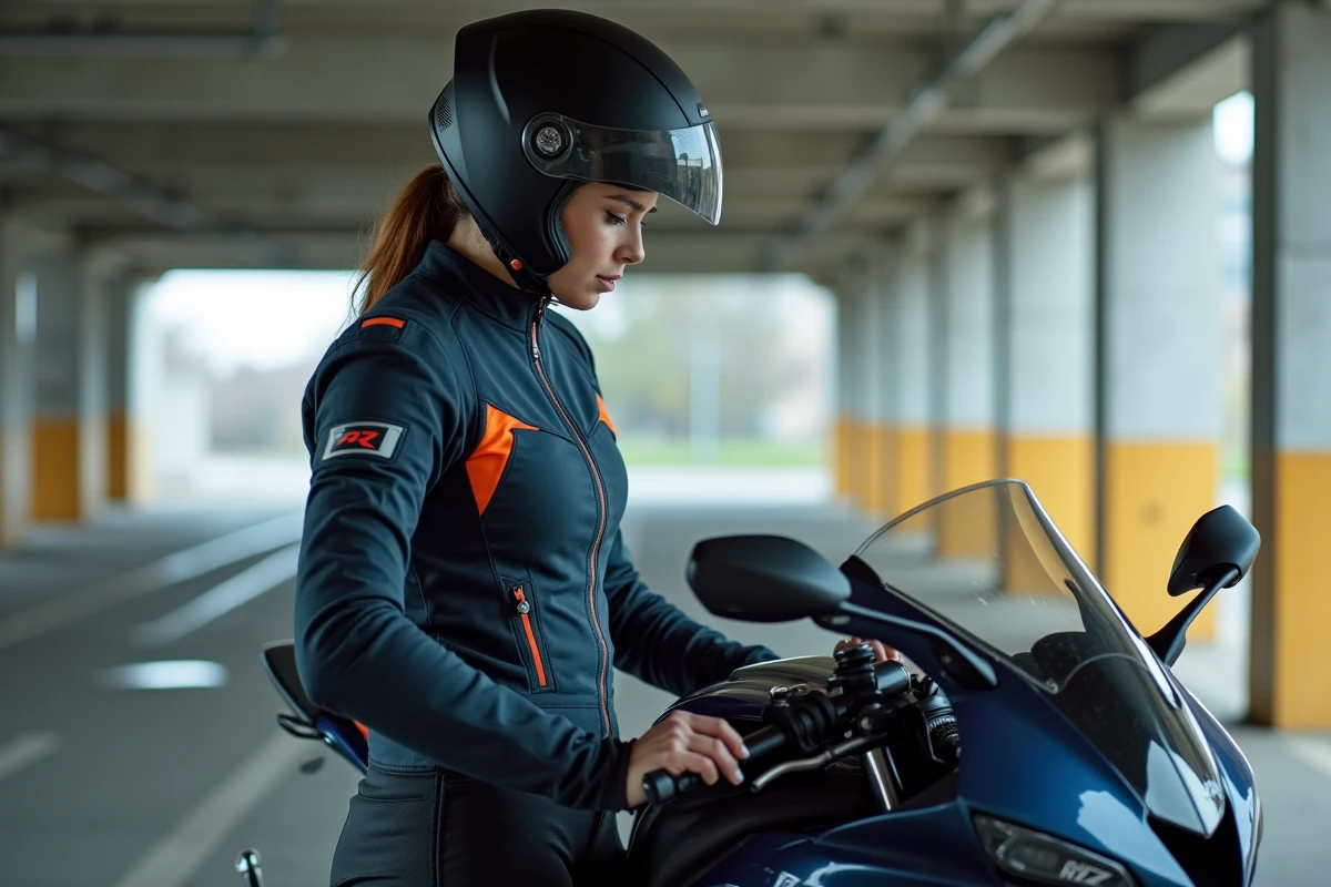 Motarde étudiant le tableau de bord de la Yamaha R7 dans un parking urbain