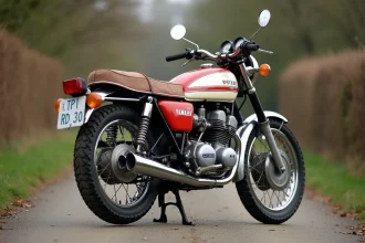 Yamaha RD350 deux-temps d'occasion en condition d'origine garée sur une route de campagne, vue trois quarts avant