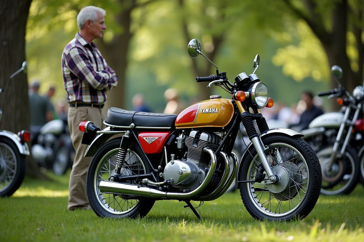 Yamaha RD350 exposée lors d'un rassemblement de motos anciennes en plein air entourée de passionnés